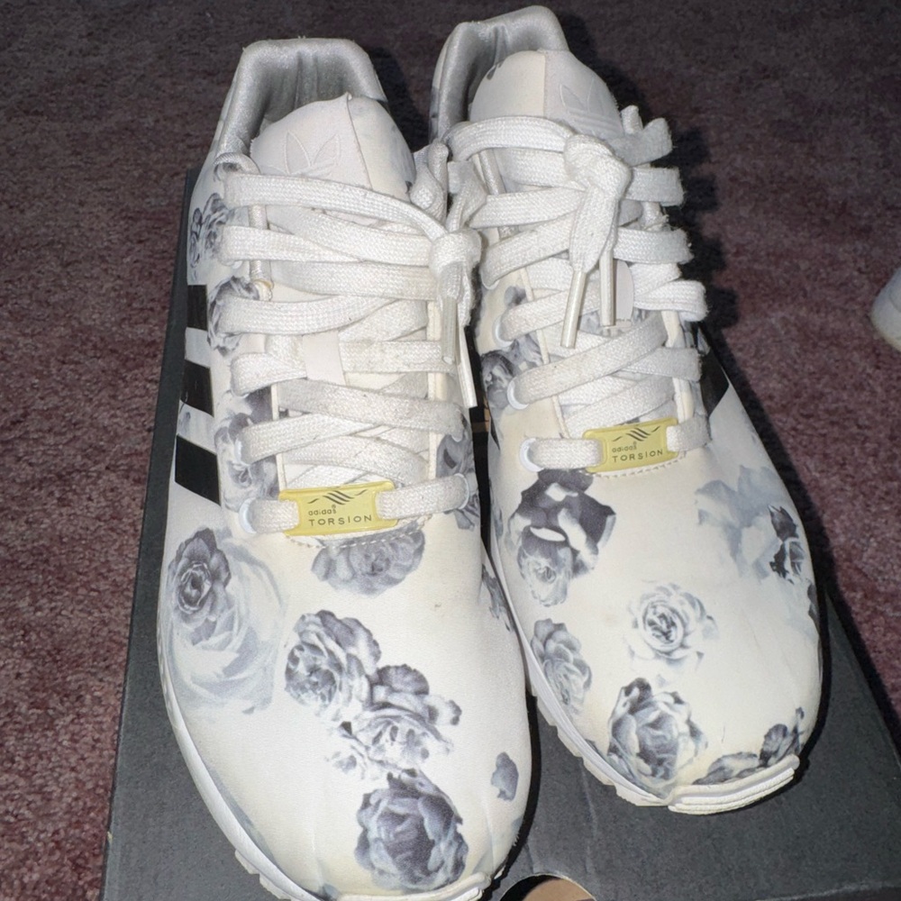 Adidas Women's ZX Flux sneaker with a white and black floral pattern